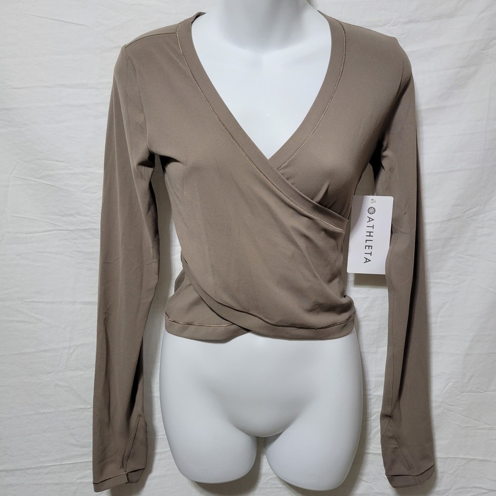 Athleta Transcend V-Neck Crop Long Sleeve Top Taupe Brown Size XS Faux Wrap Yoga